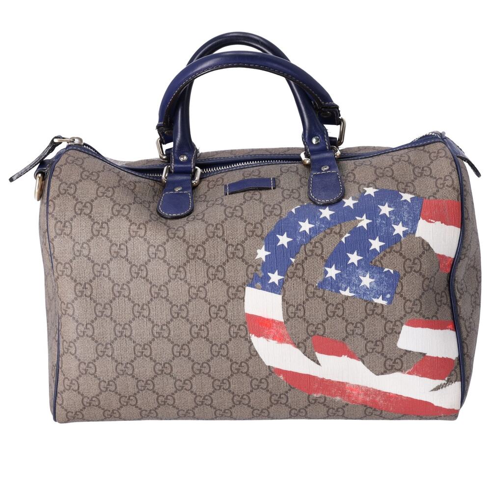 GUCCI GG Handbag 195451 Beige Navy Multi PVC Leather US Flag